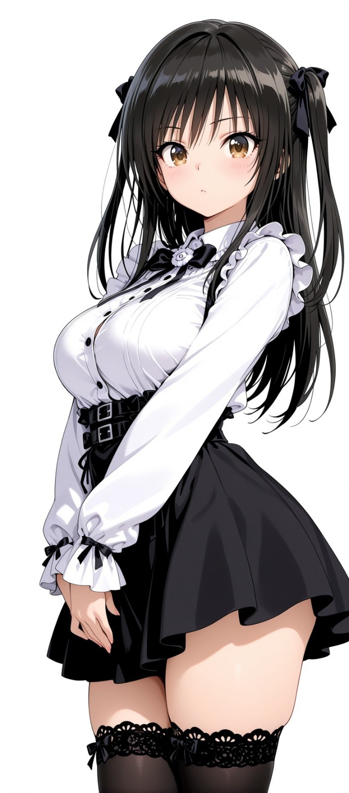 Black-haired anime girl with twin tails wearing white frilled shirt and black high-waisted skirt