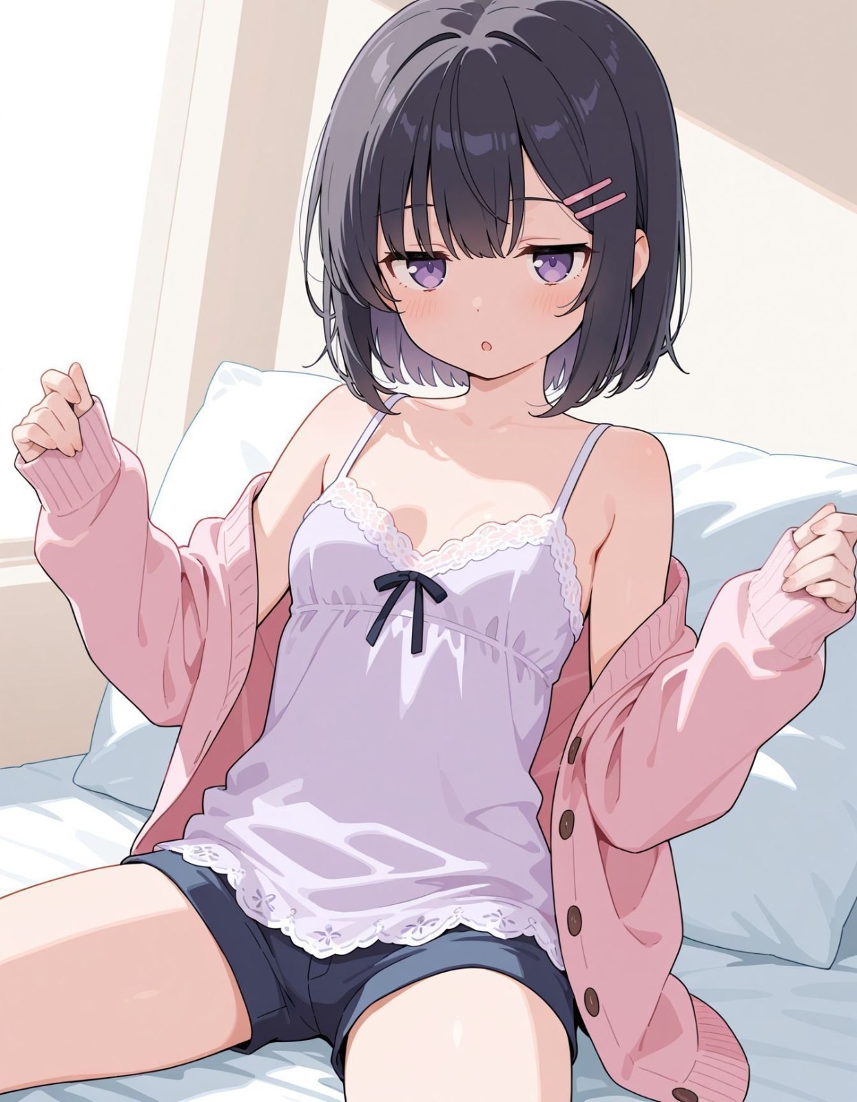 Uma garota de anime com cabelo curto vestindo uma blusa de alças roxas e shorts escuros está sentada na cama