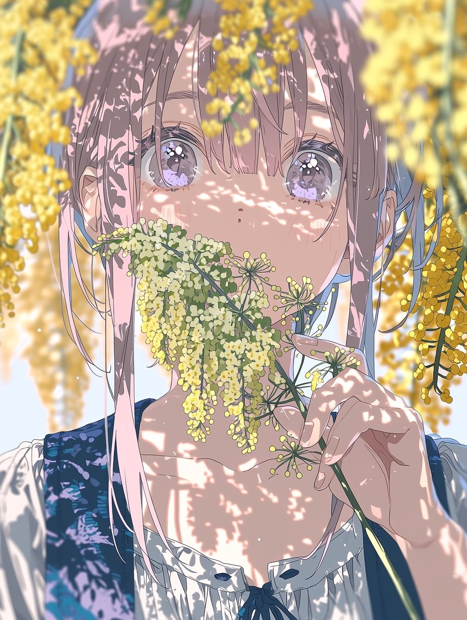 淺棕髮紫瞳少女手持黃色含羞草花束白色露肩上衣配深藍蝴蝶結