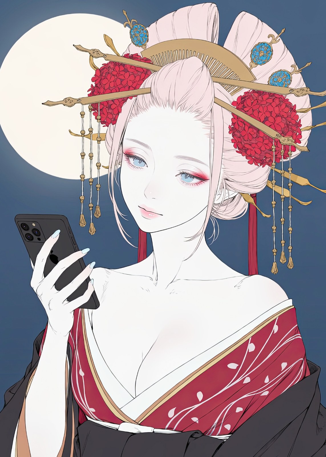 Eine Frau mit einer eleganten Hochsteckfrisur trägt ein rotes Kimono und hält ein Smartphone