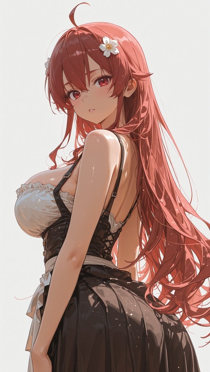 A red-haired girl elegantly glances back in a vintage dress
