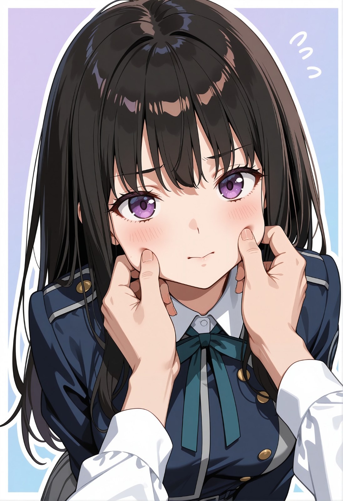Uma garota de estilo anime está tendo as bochechas beliscadas