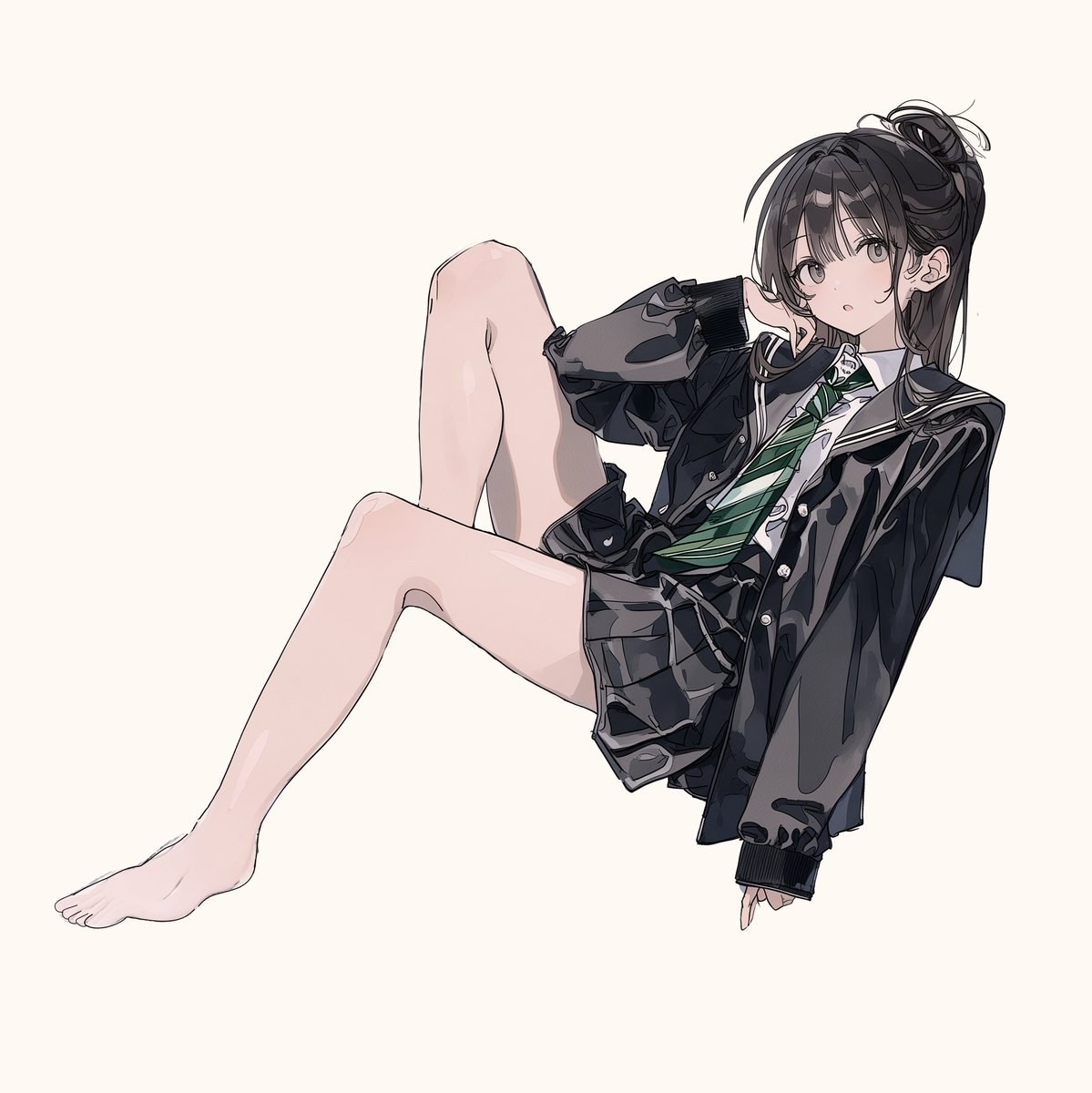 A black-haired girl wearing a dark sailor uniform and plaid skirt sits before a light beige background