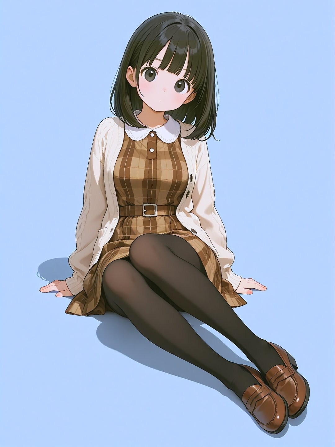A black-haired anime girl is wearing a brown plaid dress with a beige cardigan