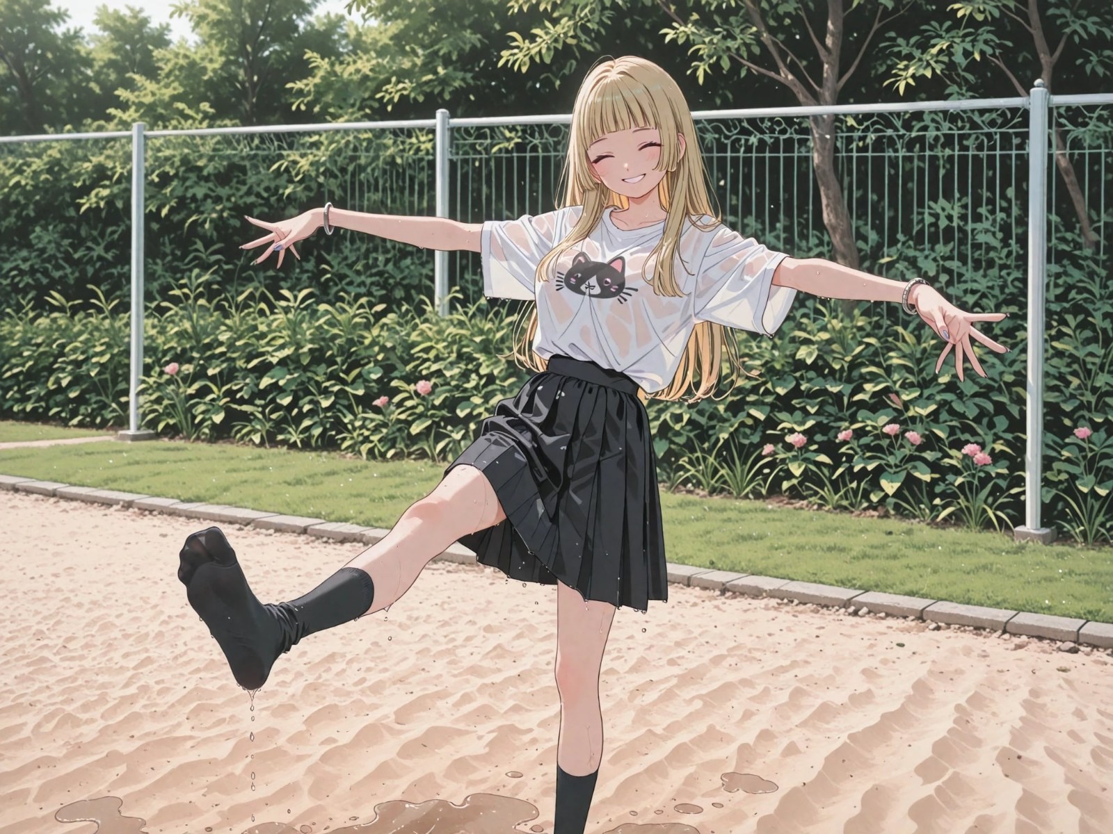 A blonde girl stands on one foot in a park wearing a white T-shirt with a cat design and a black skirt