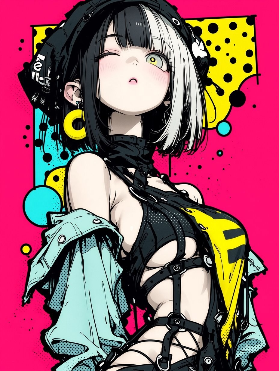 ポップアート風のイラストには、黒髪の少女がイヤリングとスカーフをつけて描かれている