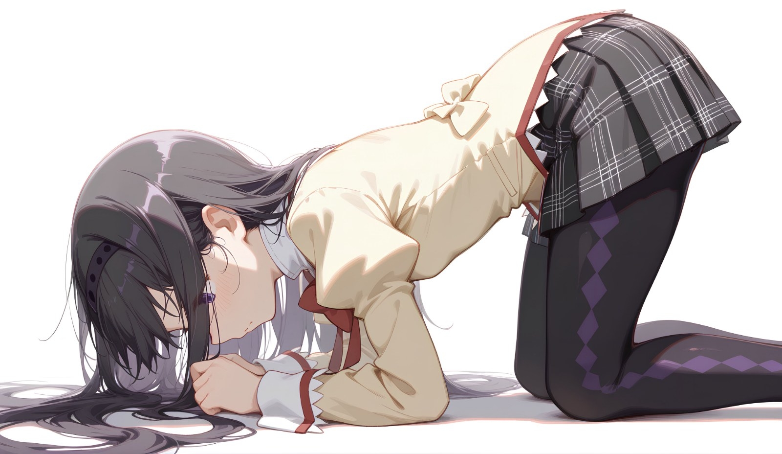 A female character in beige uniform kneels on a white floor