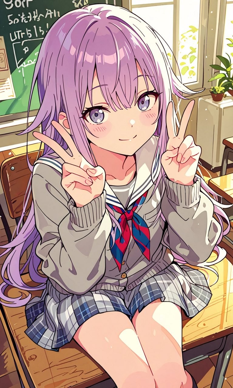 紫髮少女在課室中比剪刀手