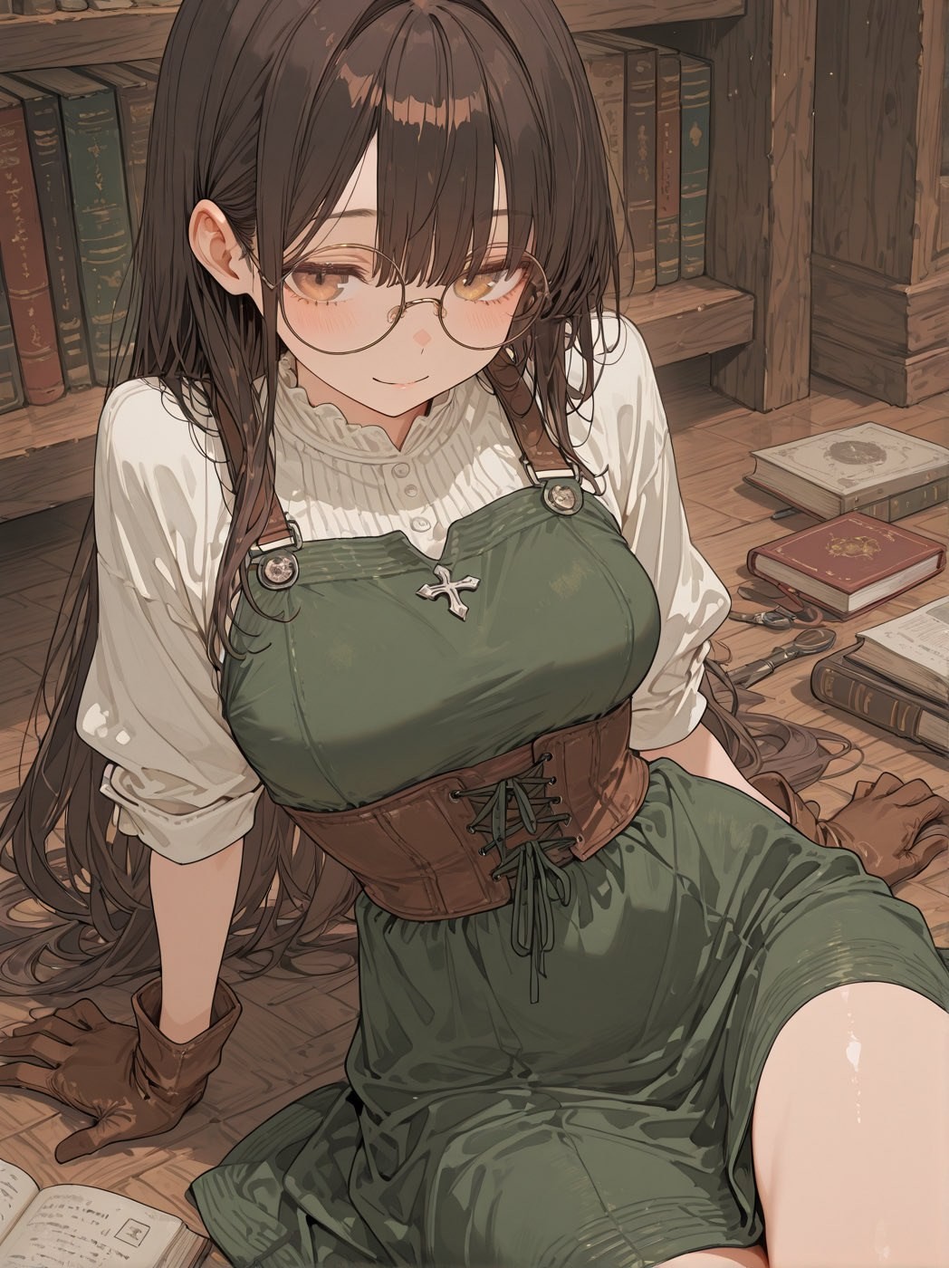 A girl wearing a white top and deep green dress kneels in a study with glasses on