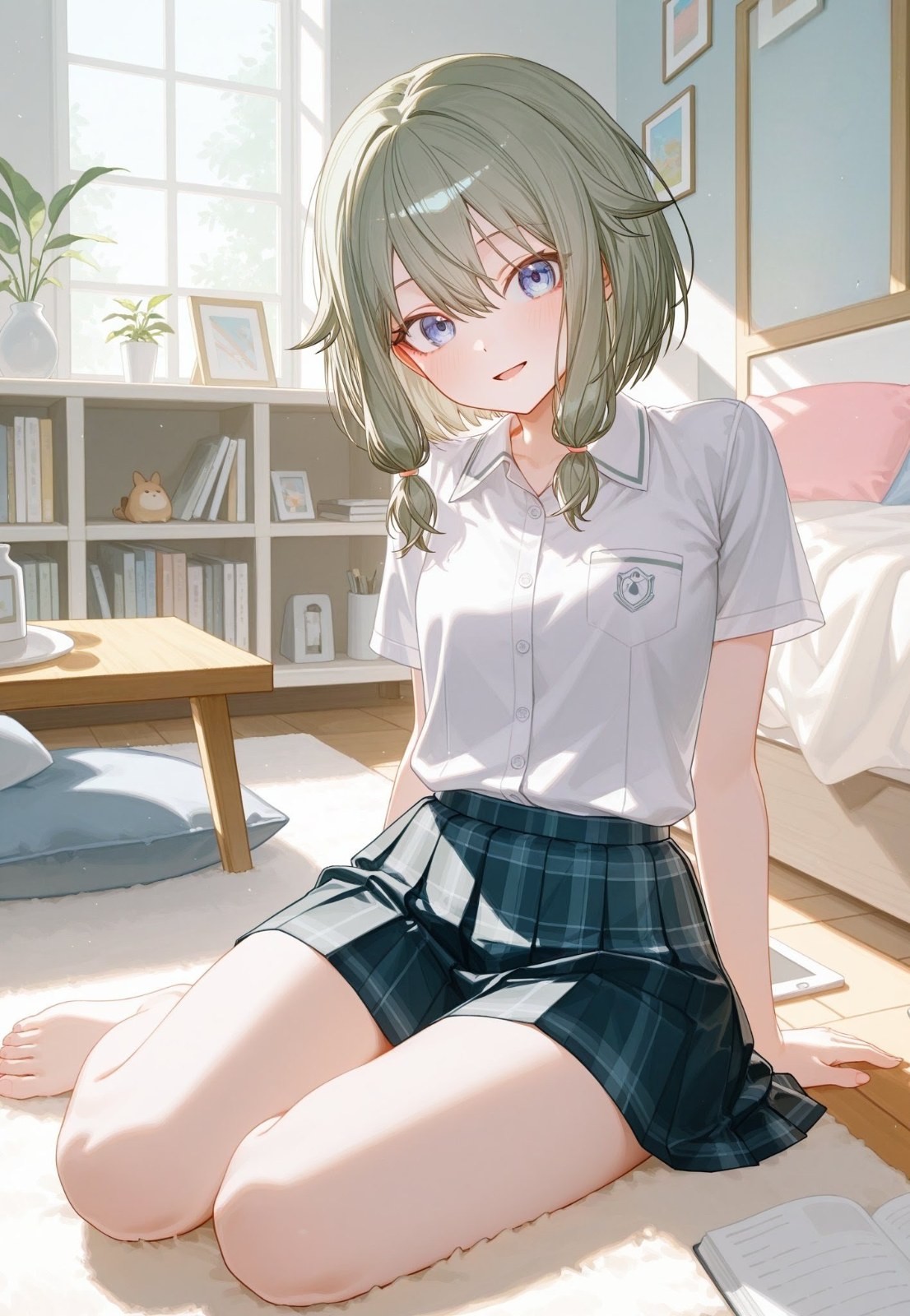 动漫少女穿白衬衫格裙坐地毯微笑