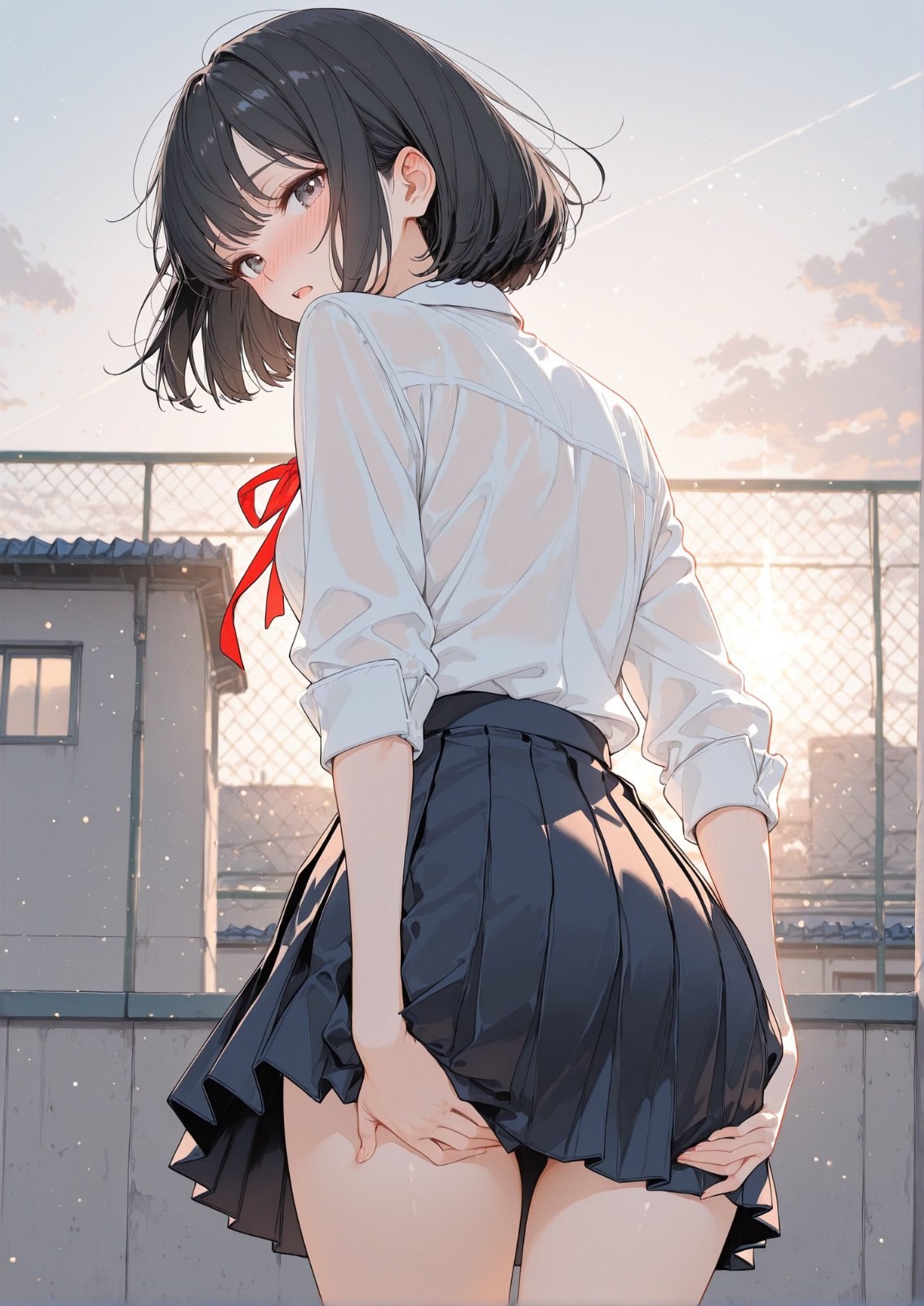 黒髪の少女が白い半透明のシャツと暗色のプリーツスカートを着て振り返る