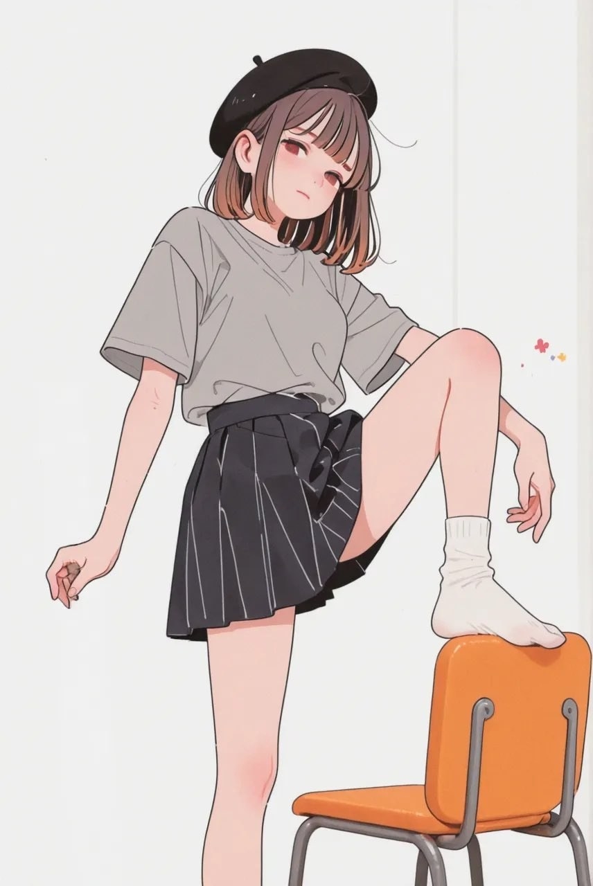 棕色短髮少女穿寬鬆灰色短袖和黑色直條裙踏橙色椅子