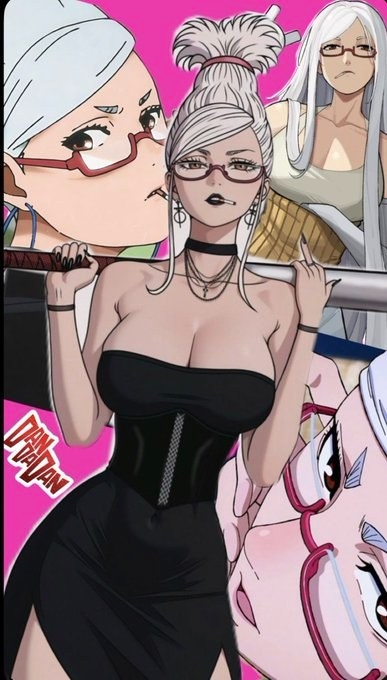 Silver-haired anime woman wearing red glasses and black slit dress holding metal rod