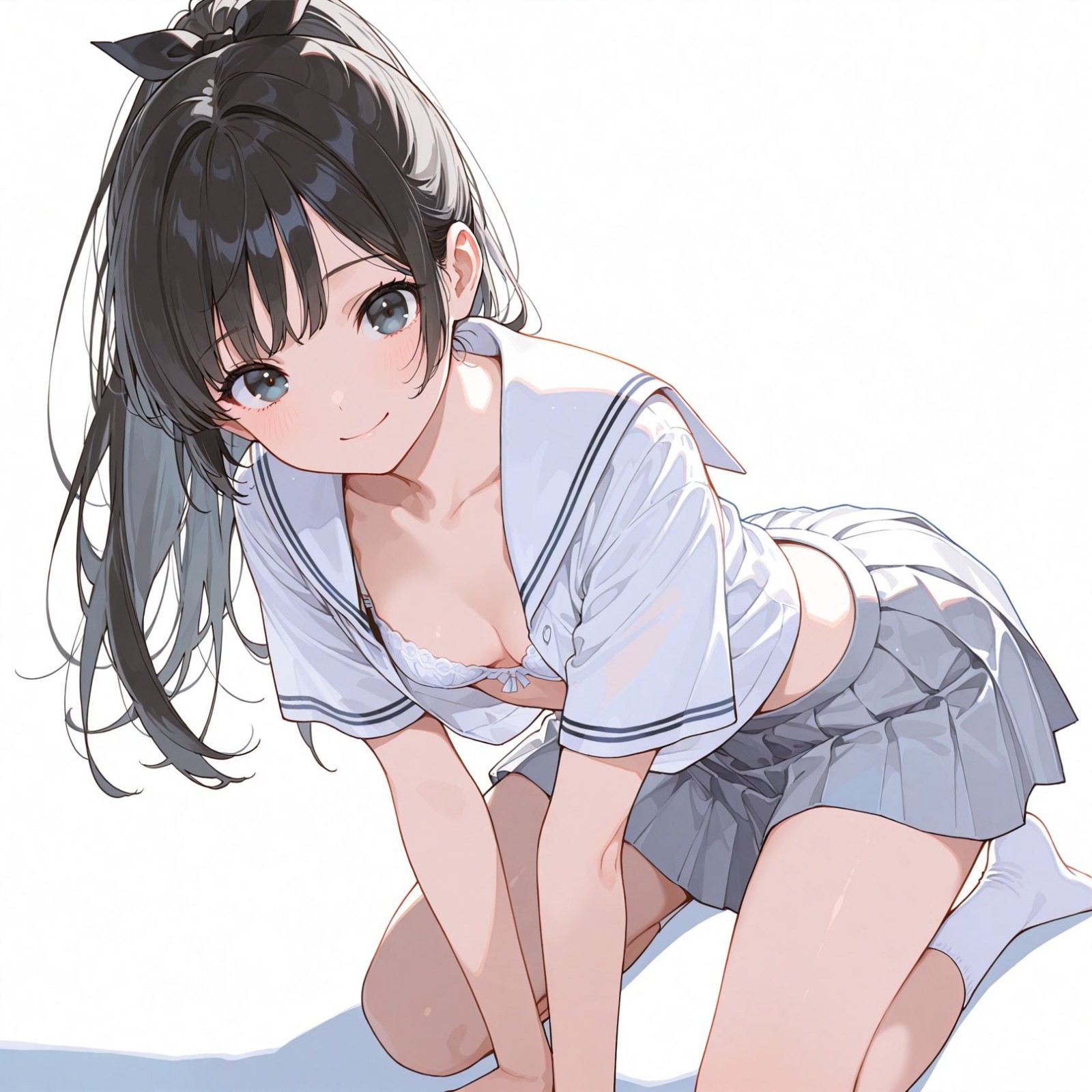 Una chica de anime con cabello negro y coleta lleva un uniforme de marinera blanco y una falda plisada gris