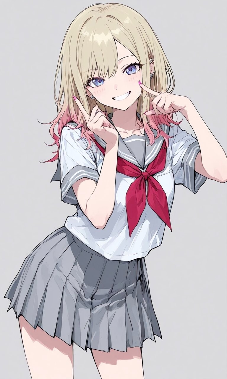 Anime girl wearing a white sailor uniform and gray skirt