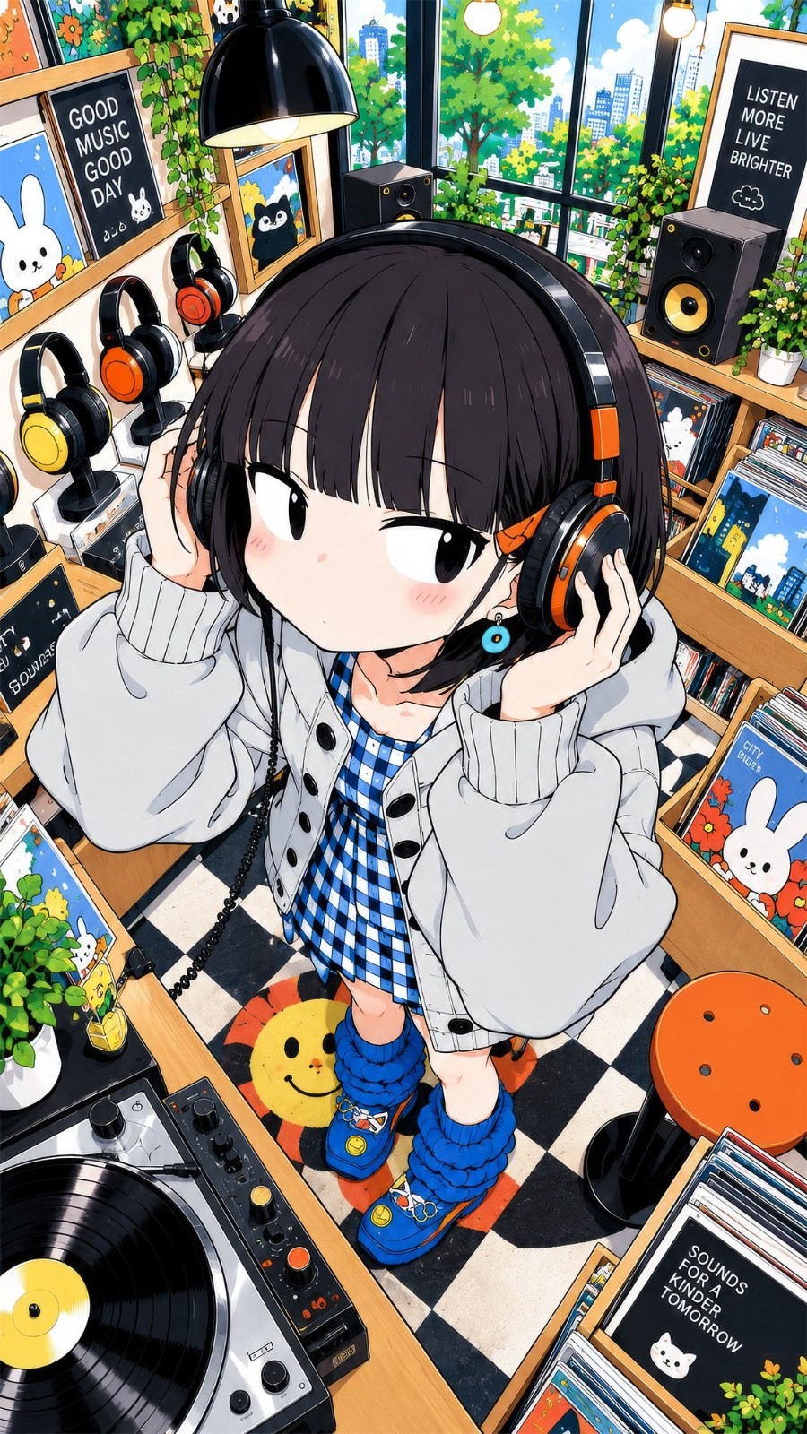 A black-haired girl poses in a colorful environment wearing headphones and a cardigan dress