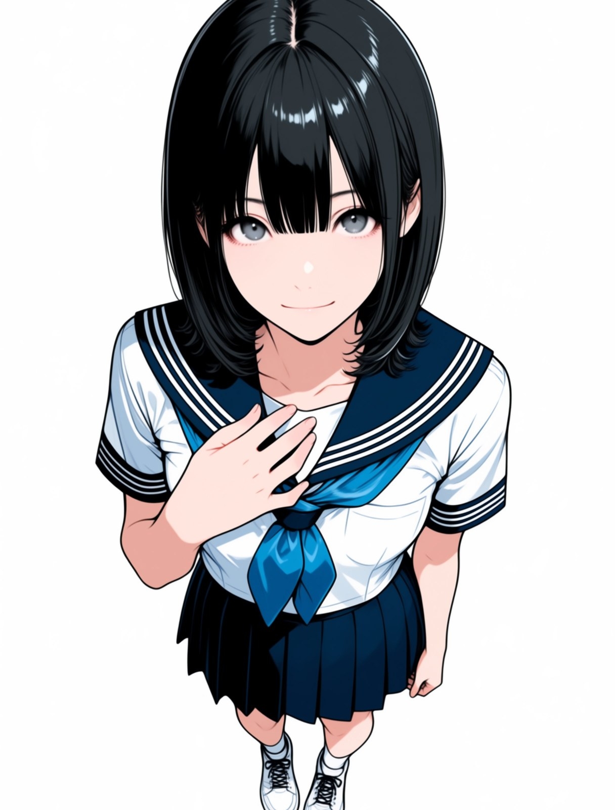 Black bob anime girl wearing classic Japanese sailor uniform smiling and looking down at the camera