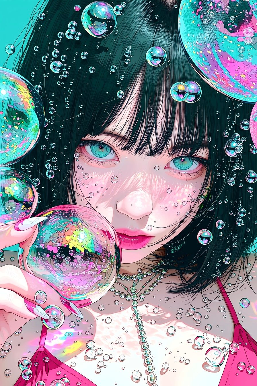 menina de cabelo preto com olhos azul esverdeados vestindo blusa rosa segurando bolha grande papel de parede de celular sonhador