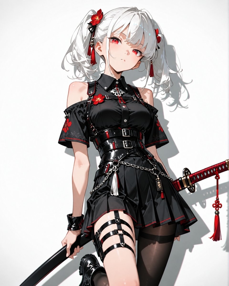 銀髪のツインテール少女が黒と赤の花柄のオフショルダー制服ミニスカートを着て赤い長刀を持っている