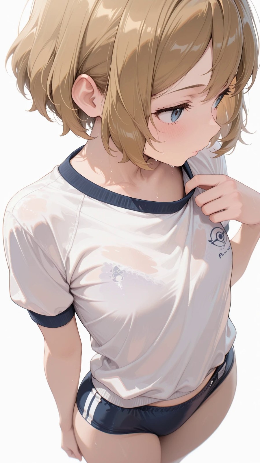 Chica de pelo corto castaño claro con uniforme de gimnasia blanco con ribetes azules y shorts marino