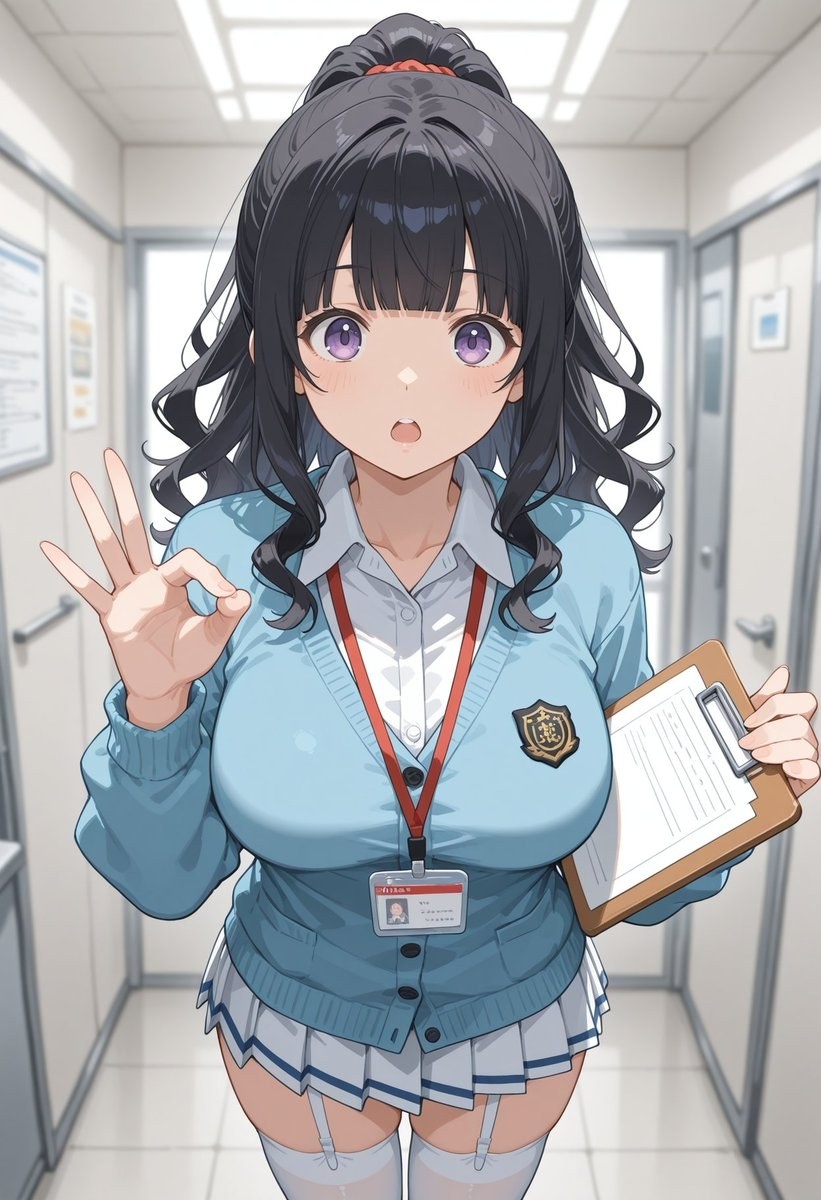 黑发高马尾动漫少女穿浅蓝开衫白衬衫百褶裙站走廊