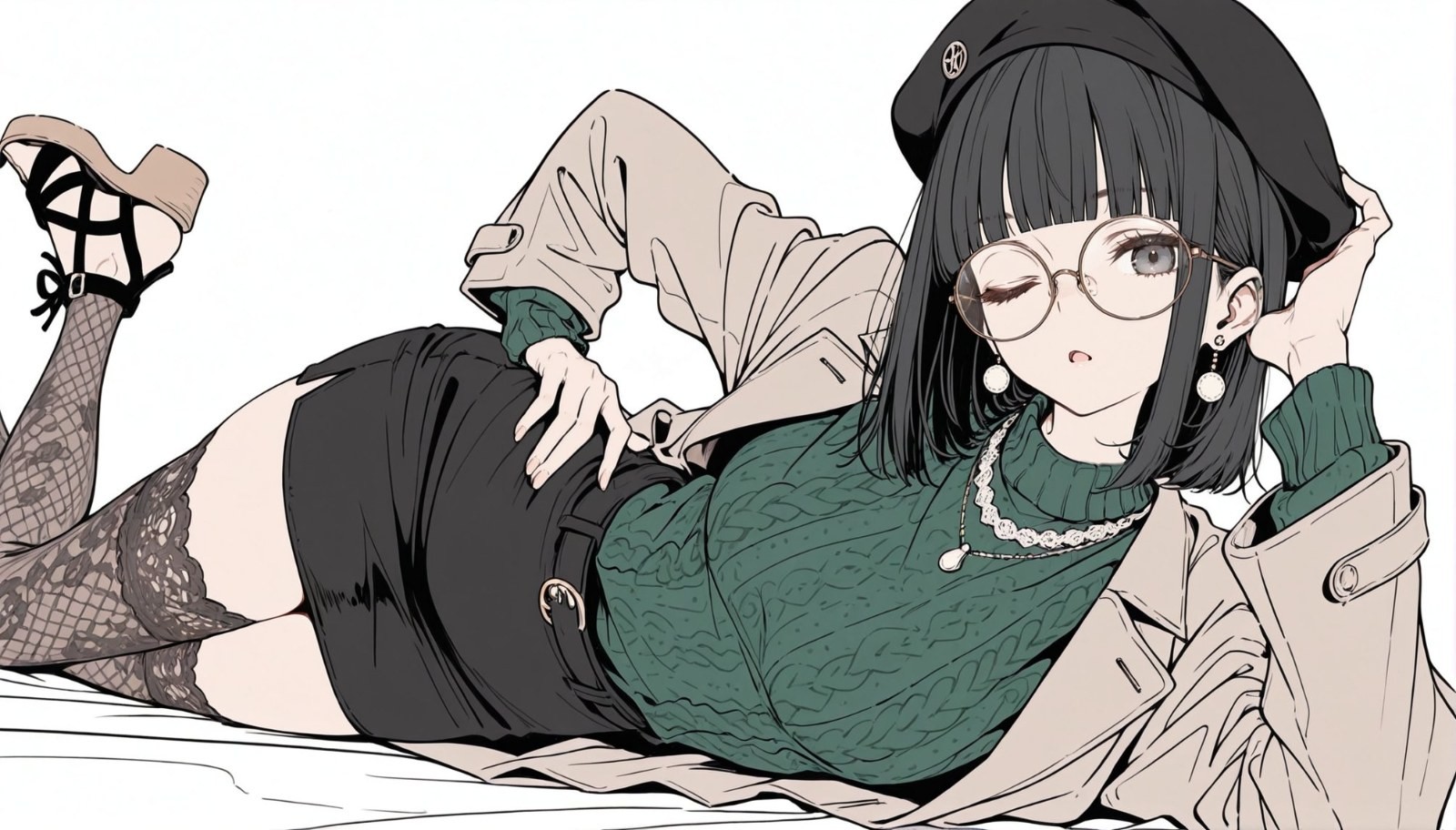 Woman with short black hair and beret lying on side, wearing dark green sweater, black skirt, khaki trench coat, black fishnet tights, and strappy heel sandals