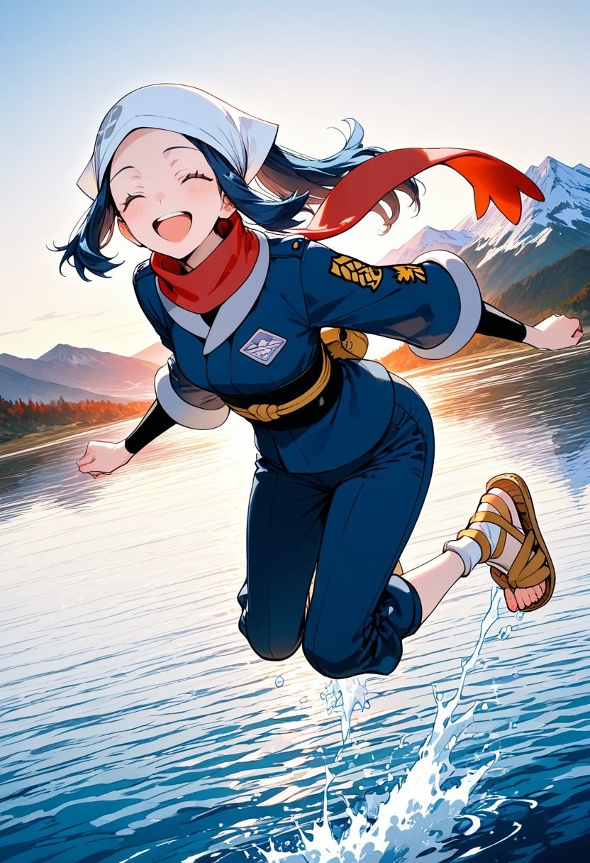 藍髮動漫少女穿深藍制服躍於湖面