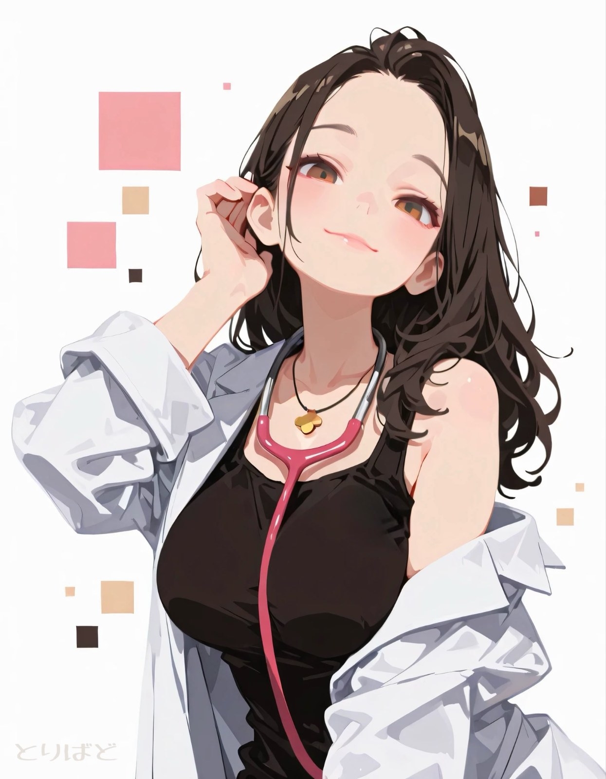 Anime-style half-body illustration: smiling young woman with dark brown mid-length hair, black fitted top under white shirt jacket, red stethoscope and gold heart necklace, right hand touching her ear