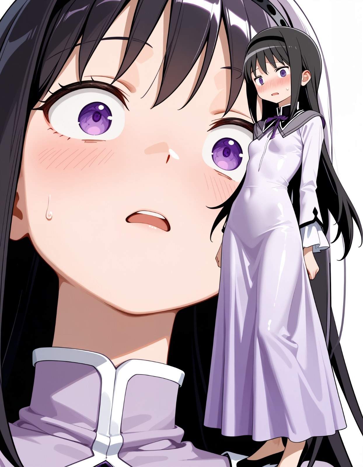 A black-haired purple-eyed female character in a light purple dress appears surprised and shy