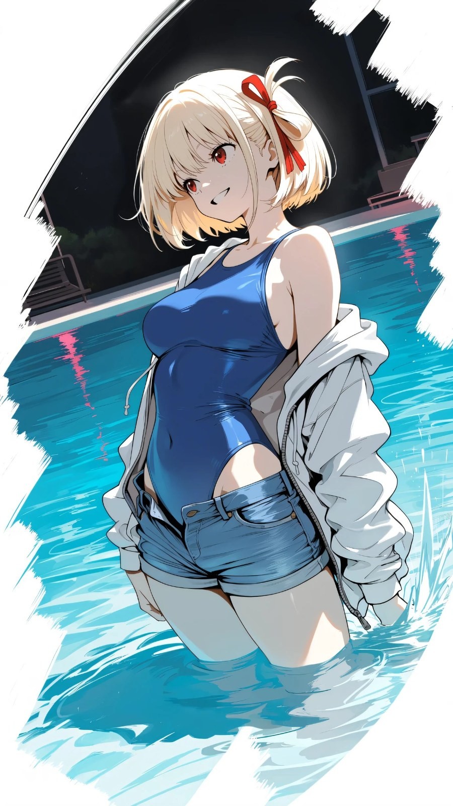 金髮少女穿藍色泳衣和牛仔短褲站於泳池中