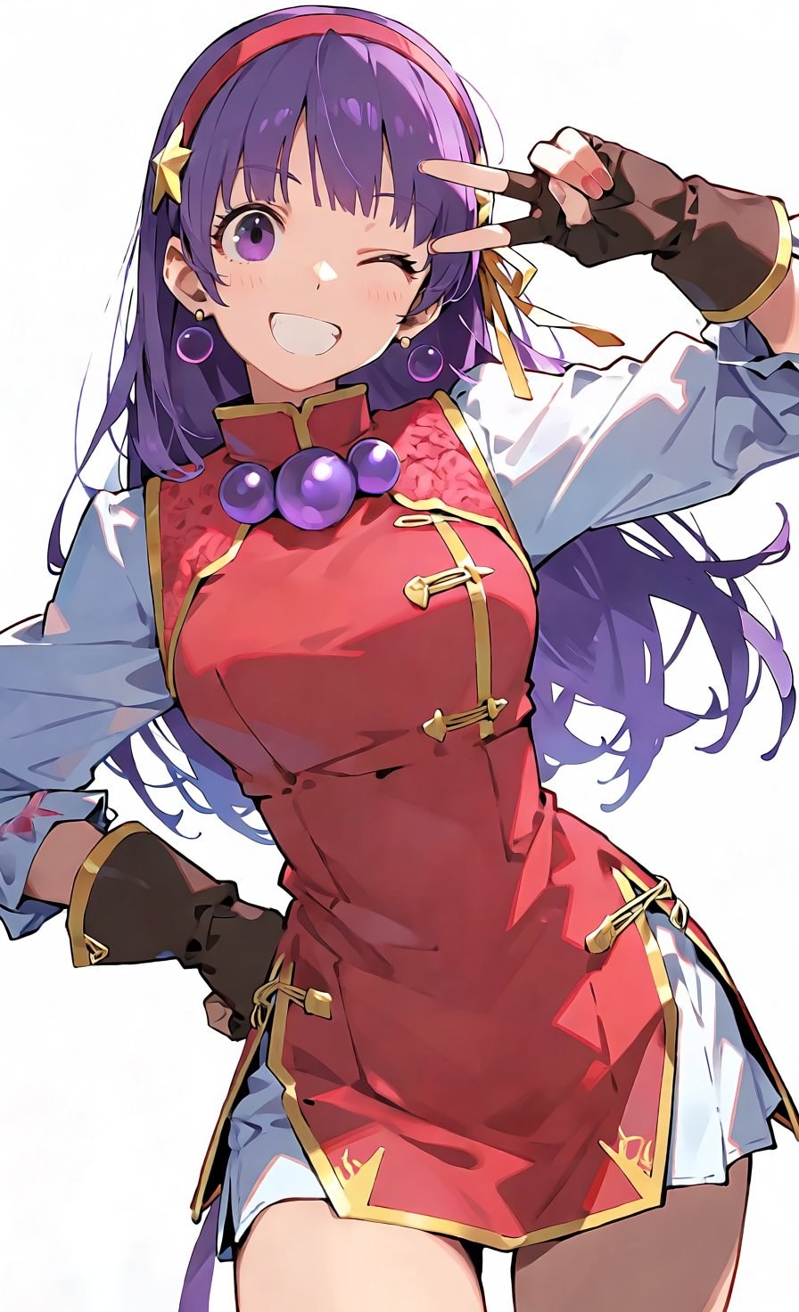 紫發動漫少女穿紅色金邊旗袍裙和白色廣袖上衣眨眼比V