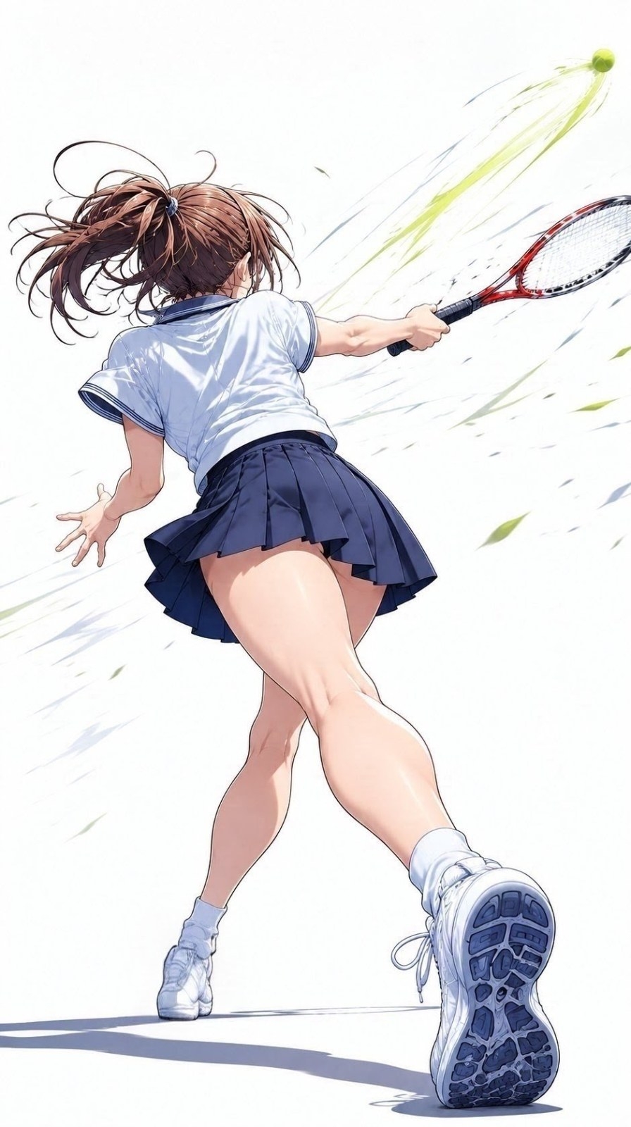 Girl in white sailor top and navy pleated skirt swings racket