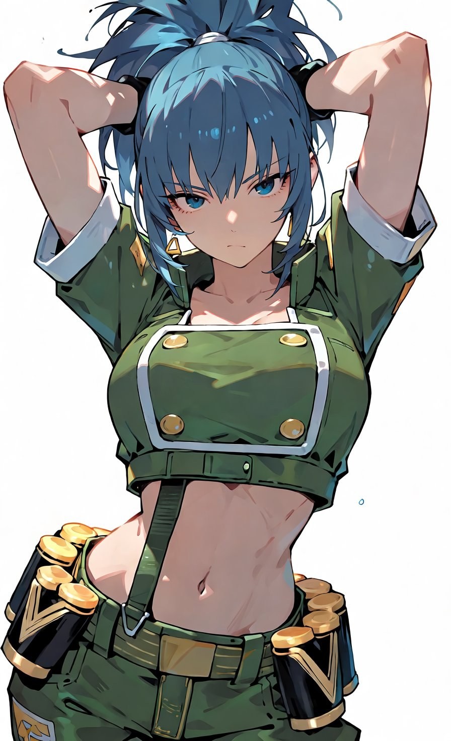 藍髮高馬尾動漫女角色穿軍綠短制服工裝褲整理頭髮