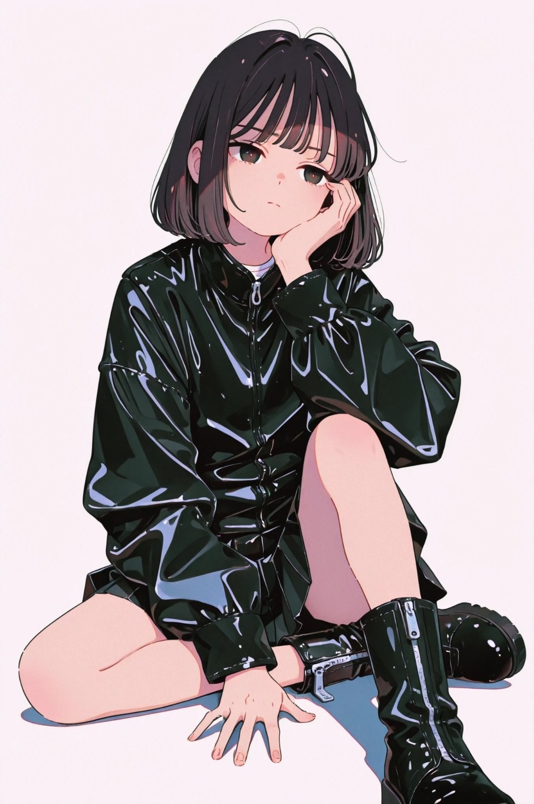 黒髪ぱっつん少女が黒光沢スポーツウェアとブーツで白背景に座る