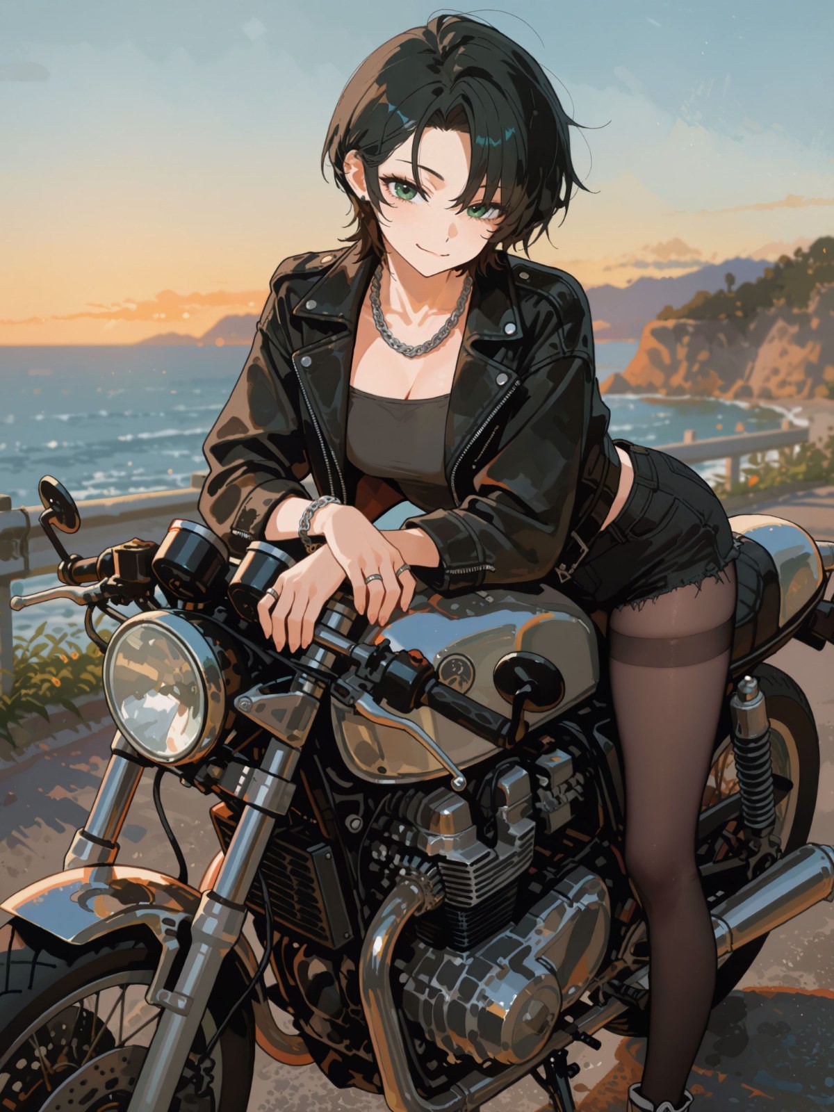 Junge Frau mit schwarzen Haaren und grünen Augen in schwarzer Lederjacke und Shorts auf Vintage-Motorrad