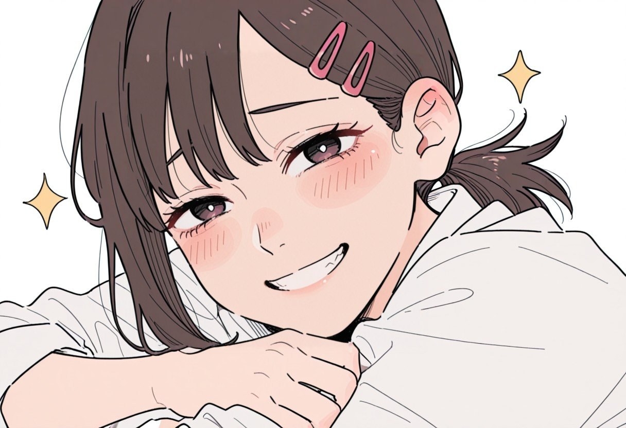 Chica de pelo castaño con pinzas rosas y coleta corta en camisa blanca sonríe mostrando dientes