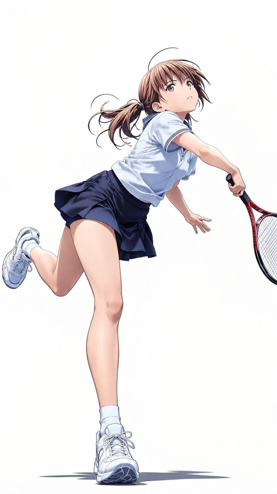 Brown-haired girl in side ponytail wears light blue sports top and navy pleated skirt playing tennis
