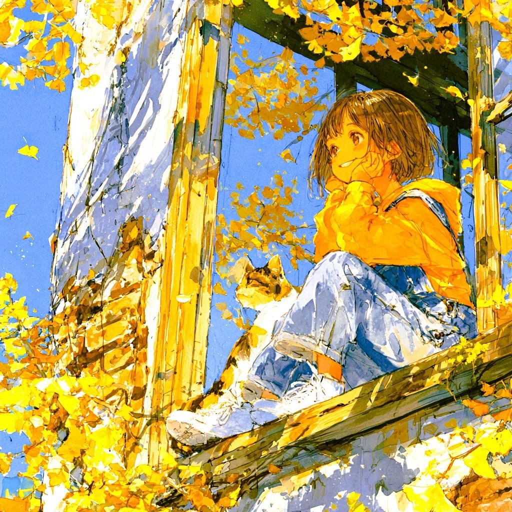 A short-haired girl wears an orange top and loose jeans sitting on a windowsill