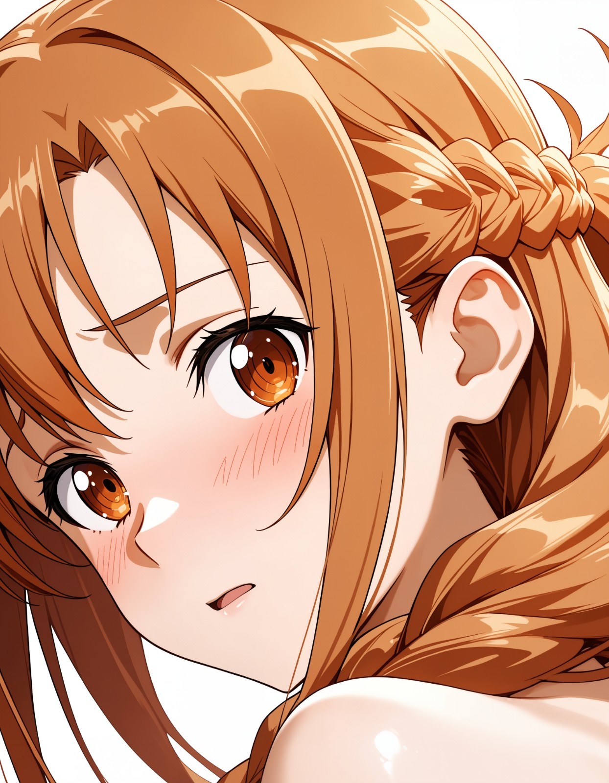 A girl with long light brown hair has amber large eyes and a warm expression