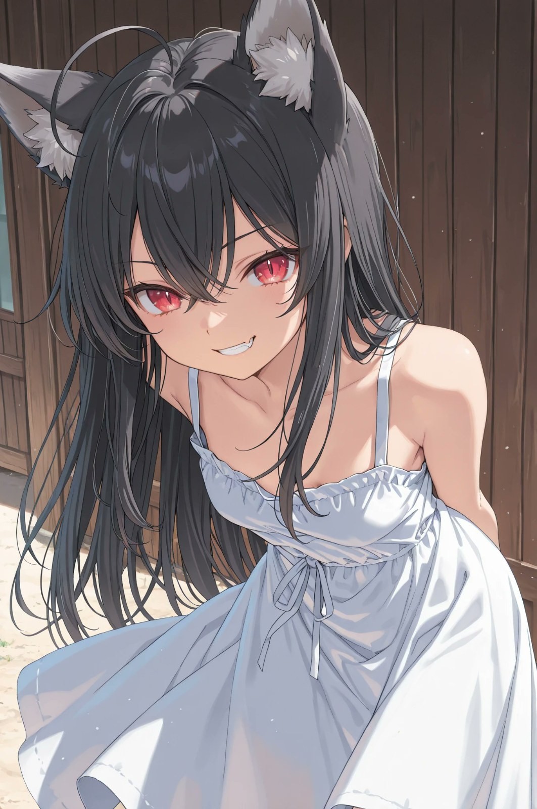 Fille anime aux cheveux noirs et aux yeux rouges portant une robe bleu clair