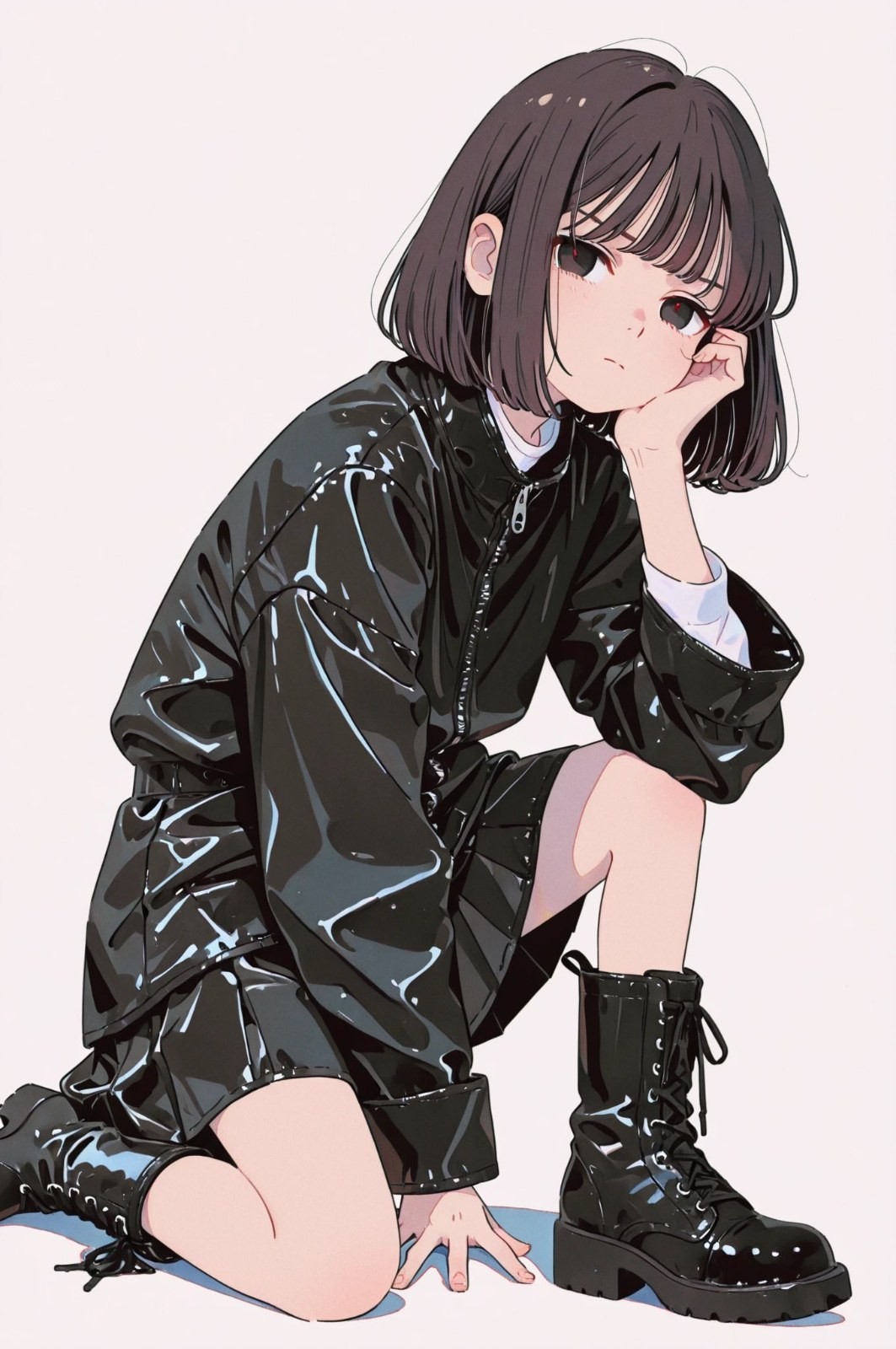 Girl with dark bob in patent leather sports jacket and skirt kneeling
