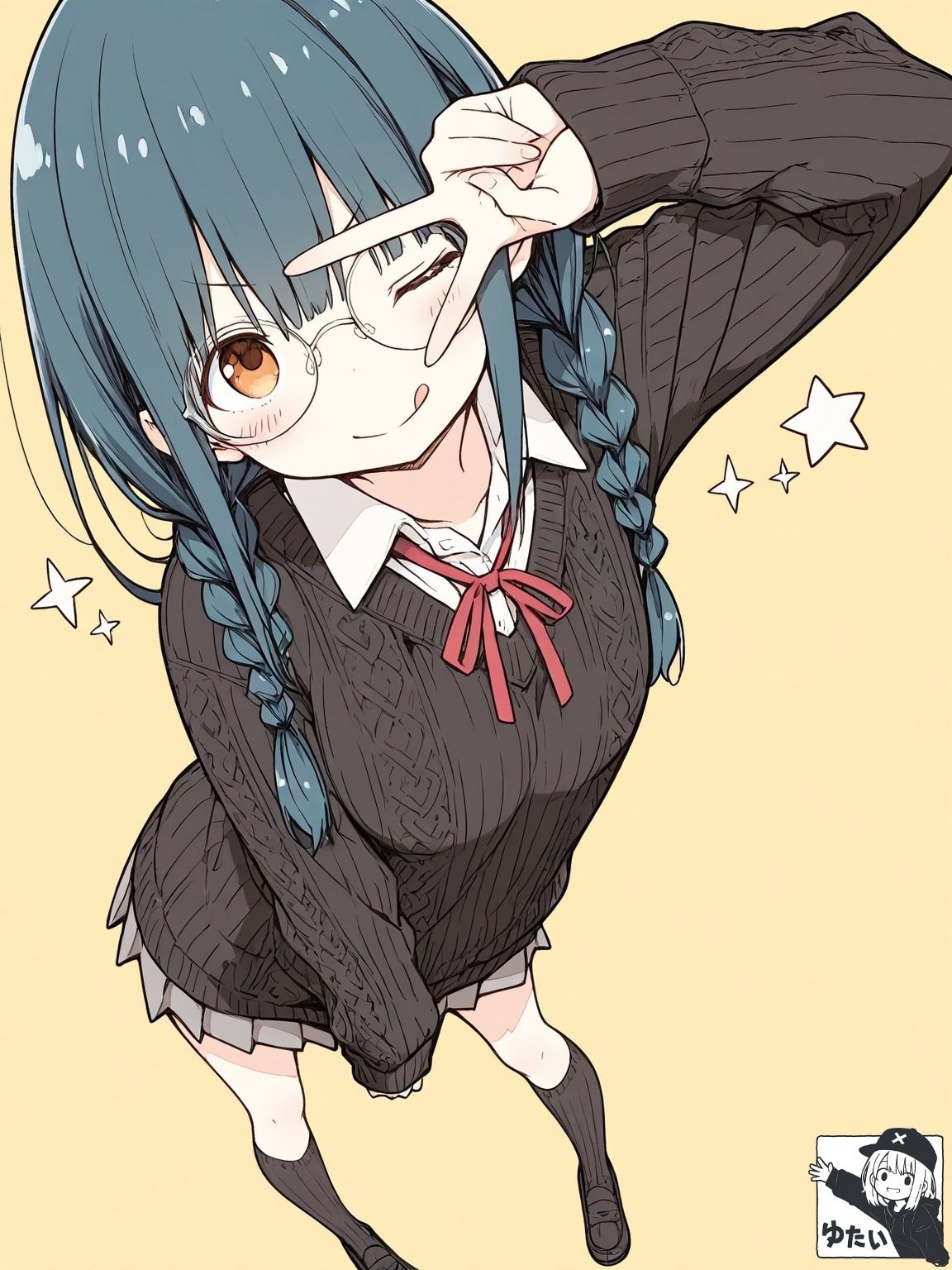 Garota anime com tranças azul-pretas usa óculos, pisca com sinal V, suéter marrom e saia plissada