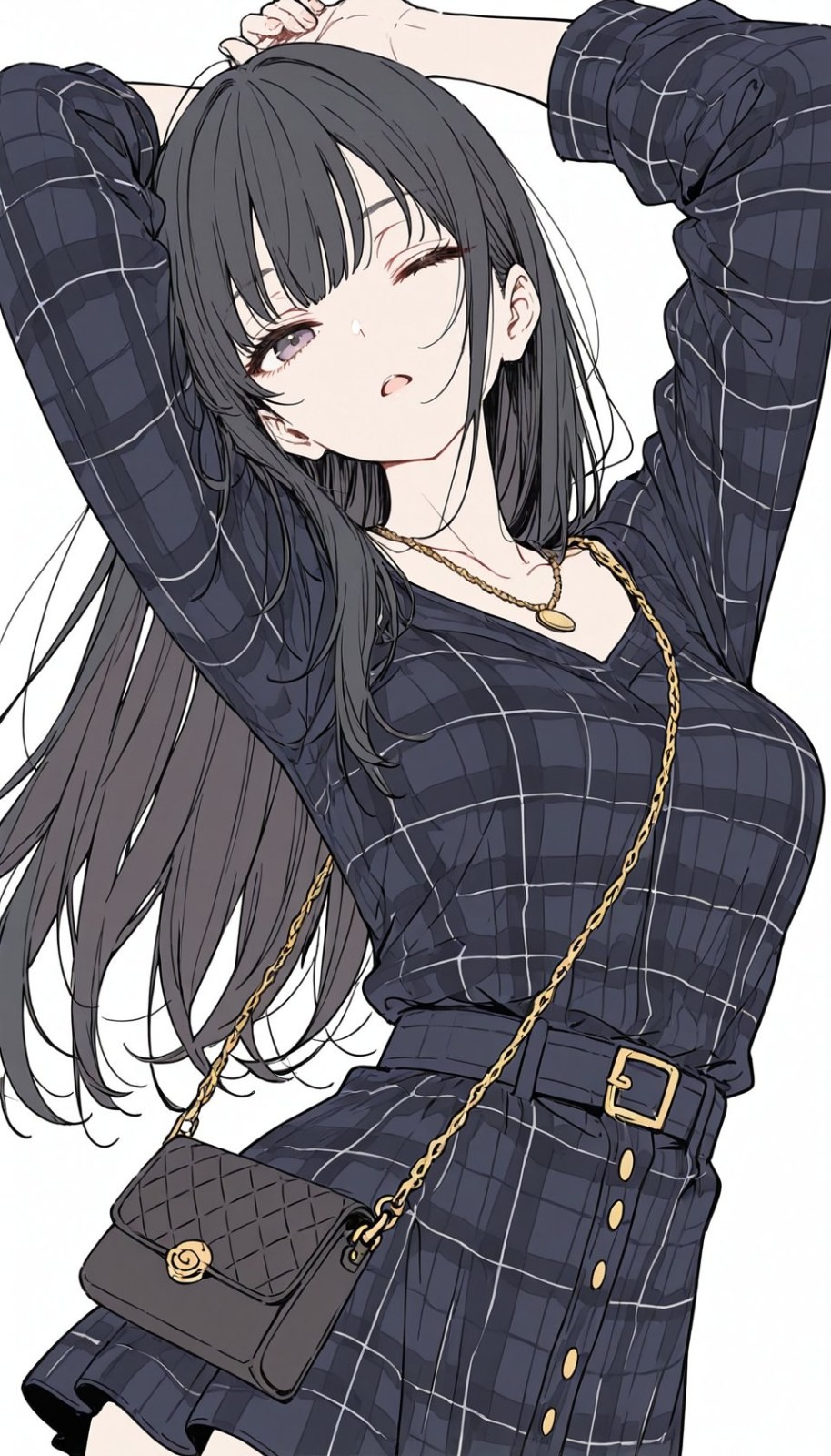 一位黑长发女性动漫角色穿着深色格纹连衣裙