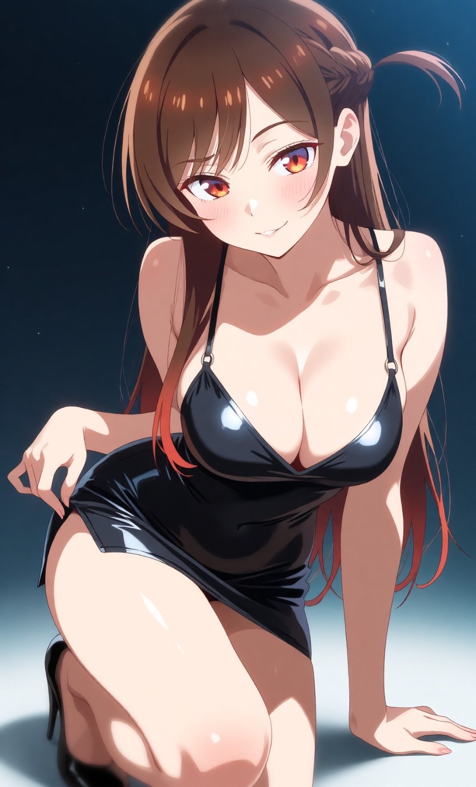 Personagem feminina em estilo anime ajoelhada com vestido preto brilhante decote profundo e salto alto