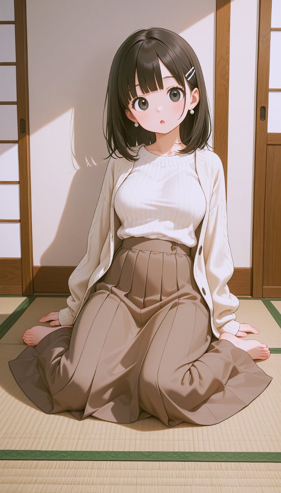Chica de pelo negro con top de punto blanco y falda plisada marrón sentada en habitación tatami