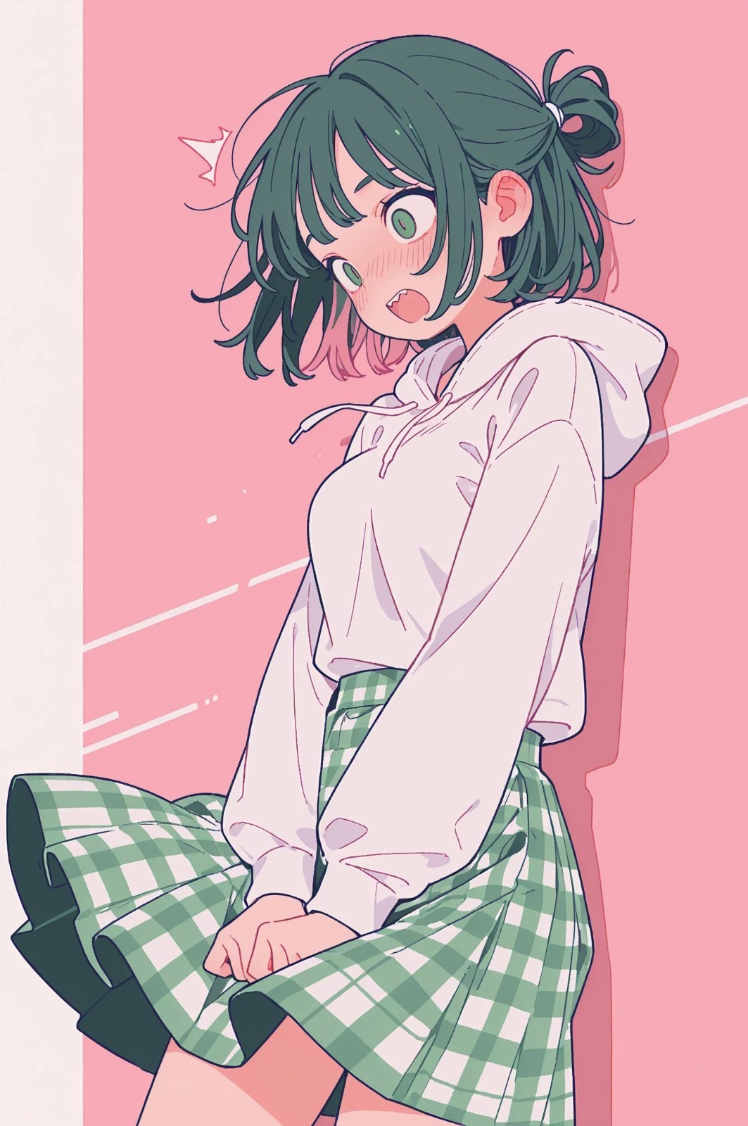 Anime-Mädchen mit grünen Haaren in weißem Hoodie und grünem Plaidrock hält nervös ihren Rock