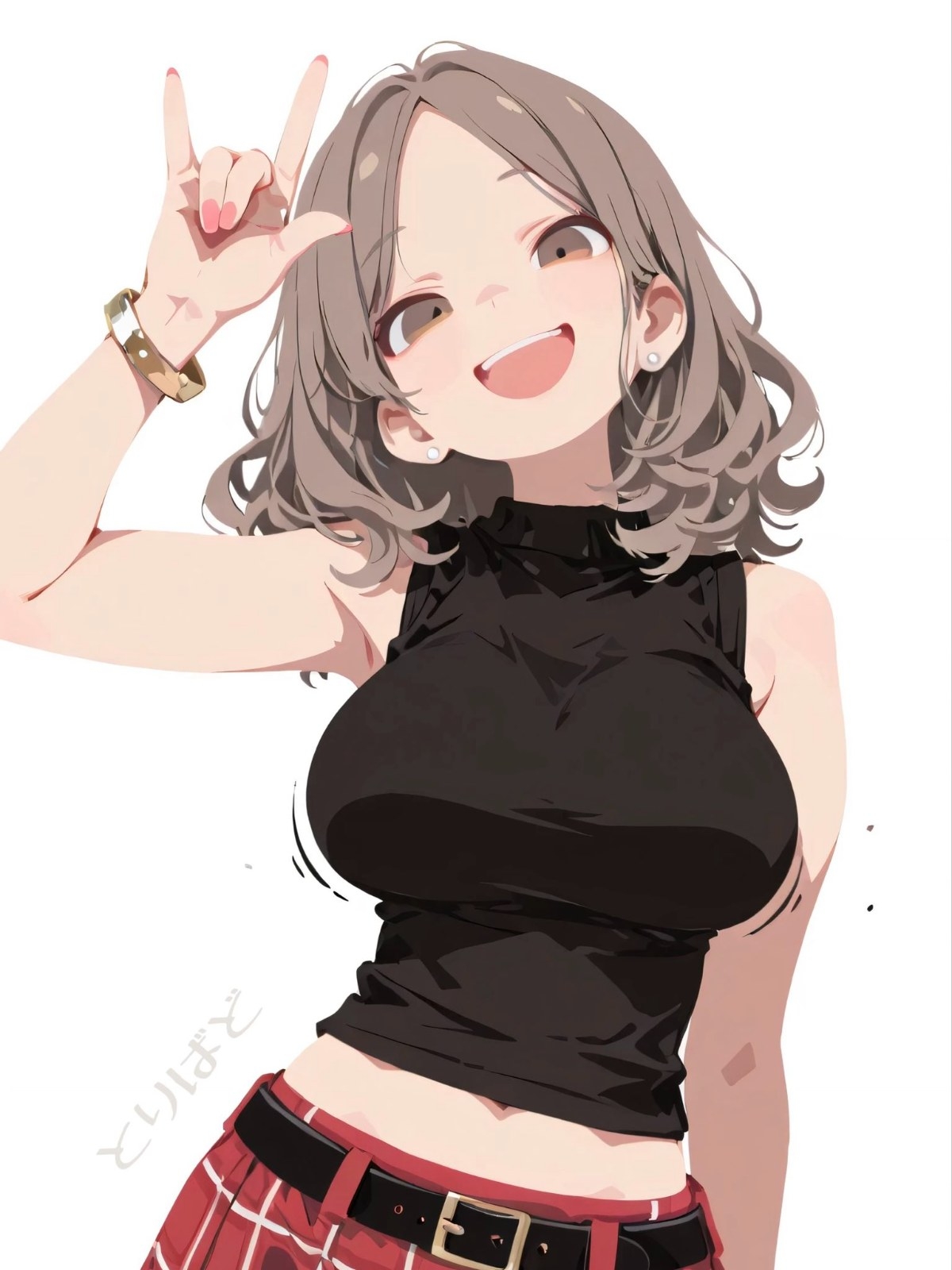 Jeune personnage féminin d'anime aux cheveux châtain clair, haut noir et bas à carreaux rouges faisant le signe rock