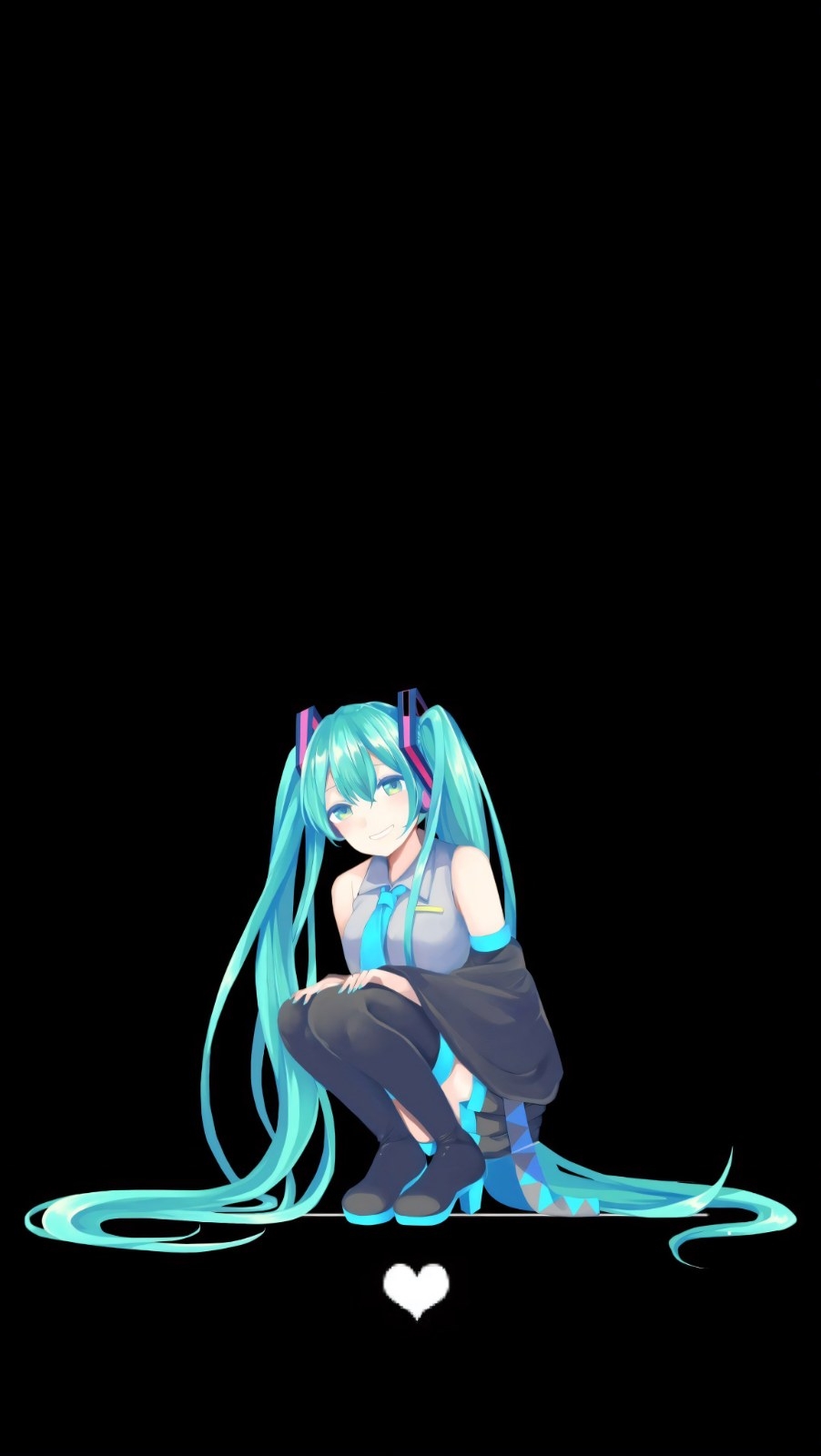 A teal-haired anime girl with twin tails is wearing a light gray top and black knee socks