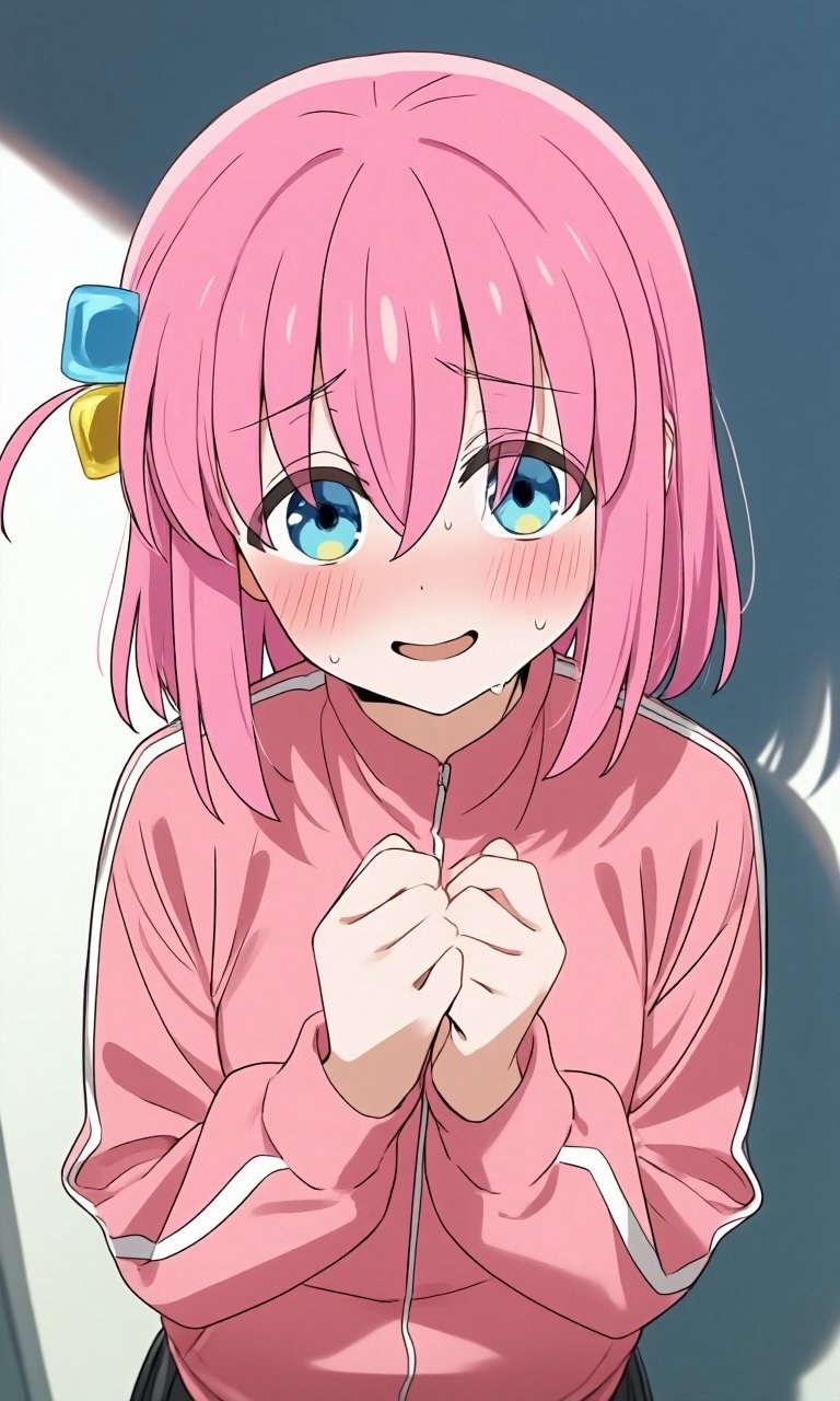 Chica anime de pelo rosa con chaqueta deportiva rosa a rayas