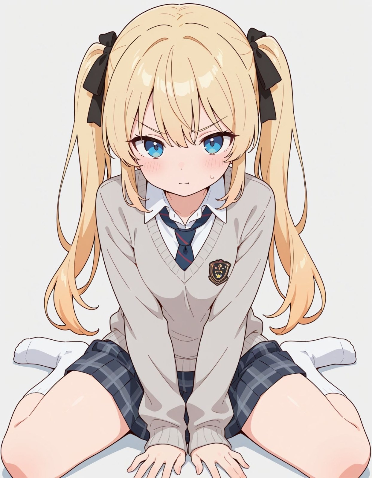 Blonde twin-tail girl in beige sweater school uniform sitting duck-style on light gray background